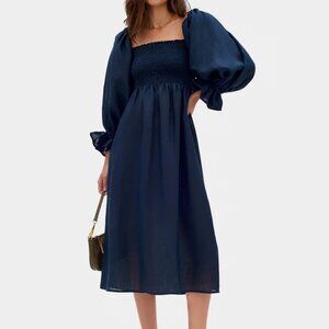 Sleeper Navy Linen Midi/Maxi Dress | Puff Sleeves | Smocked Bodice | Size S